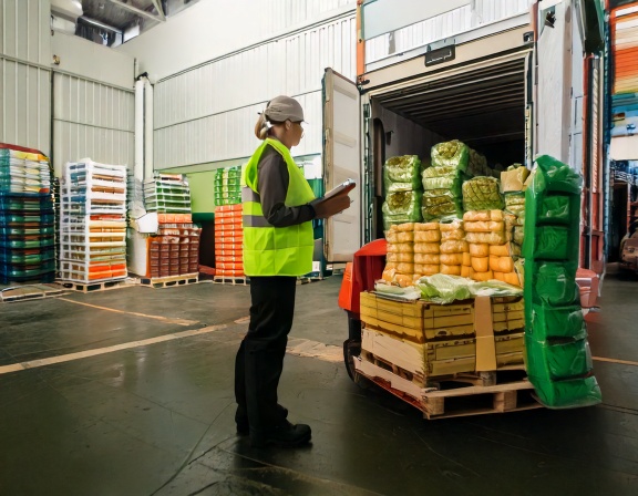 A receiving clerk checking a pallet of produce cases against a clipboard at a warehouse loading dock